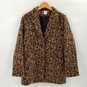 Ellison one button coat jacket size large fleece feel with pockets animal print